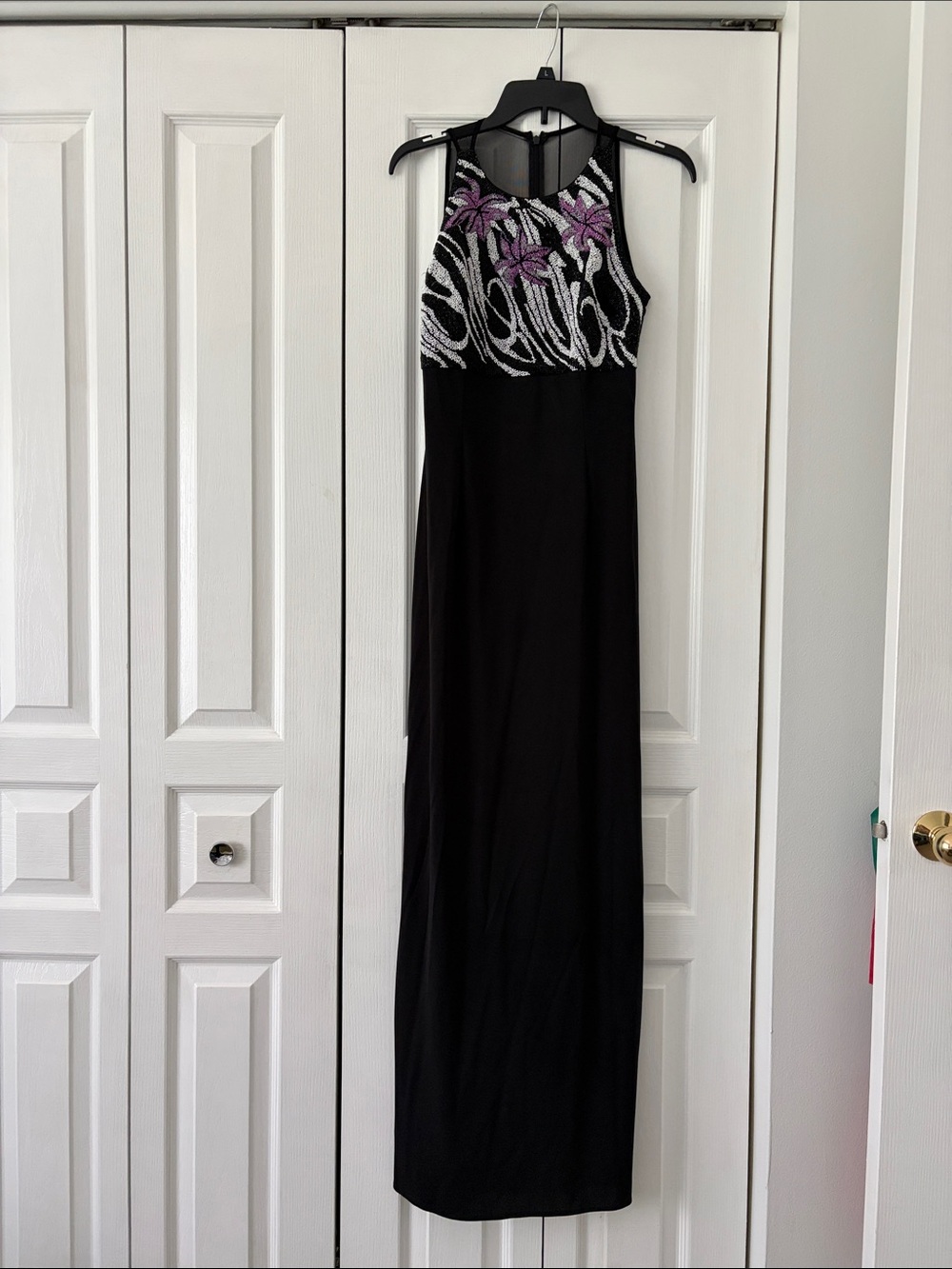 JS Boutique Black Maxi Dress with Purple & Silver Beaded Bodice